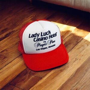 Lady Luck Casino Novelty Red Graphic Mesh SnapBack Trucker Hat Rope